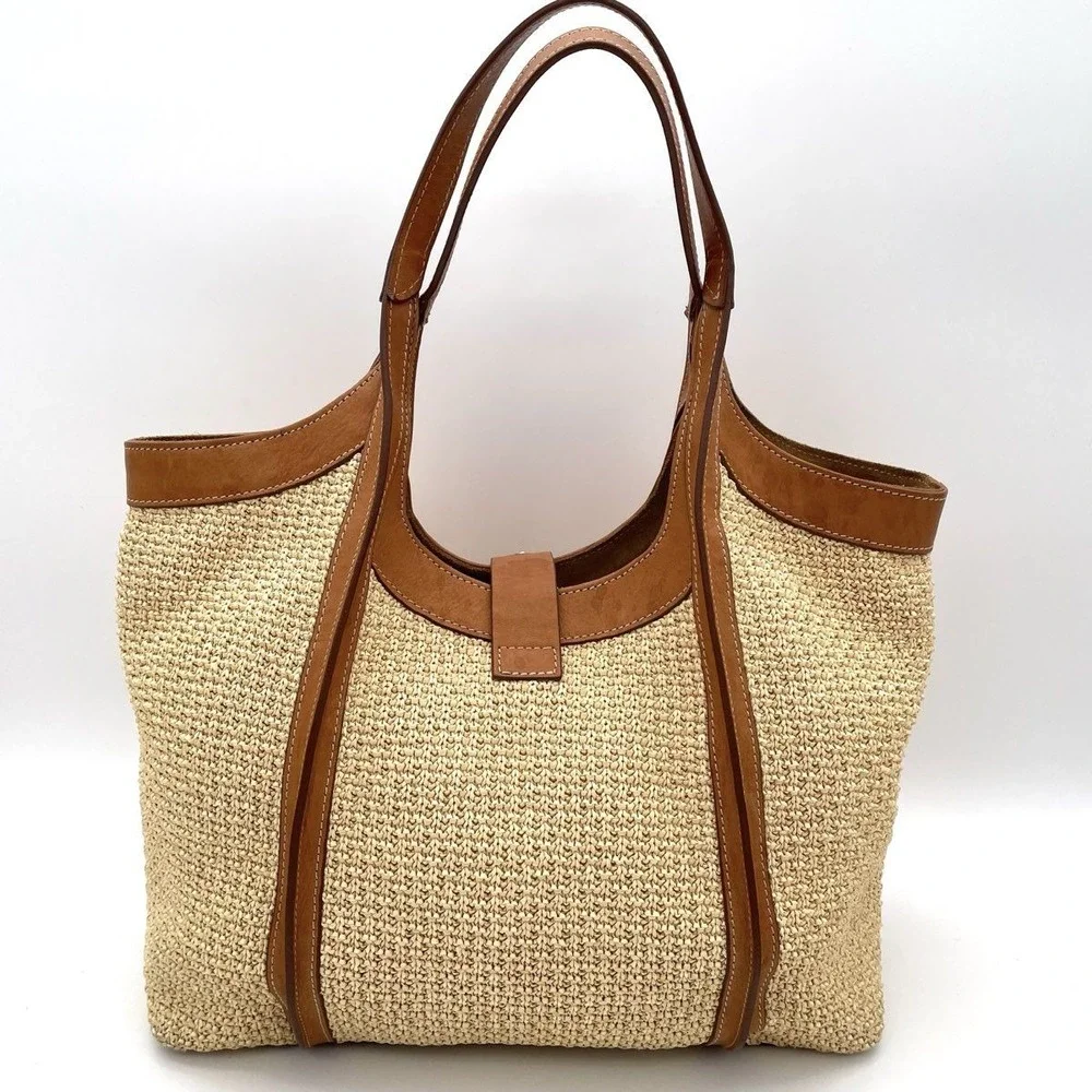 Cavalcanti Women's Woven Straw Leather Trim Tote Bag Tan Made in Italy Buckle